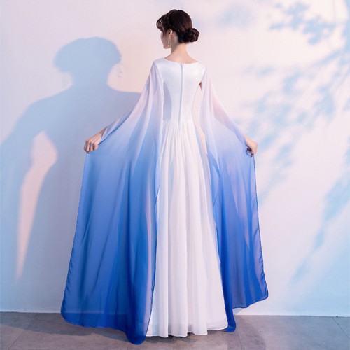 Women blue gradient color Choir stage performance waterfall dresses Chinese style Guzheng model show Costume miss etiquette welcome dress photos shooting fairy dress